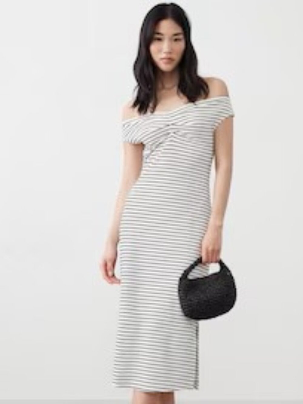 BANANA REPUBLIC SZ M Off-Shoulder Knit Striped Midi Dress Off White & Black